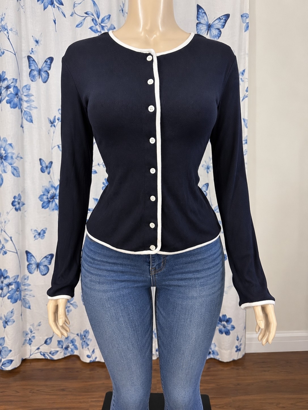 Navy Long-Sleeve Button-Front Top with White Trim